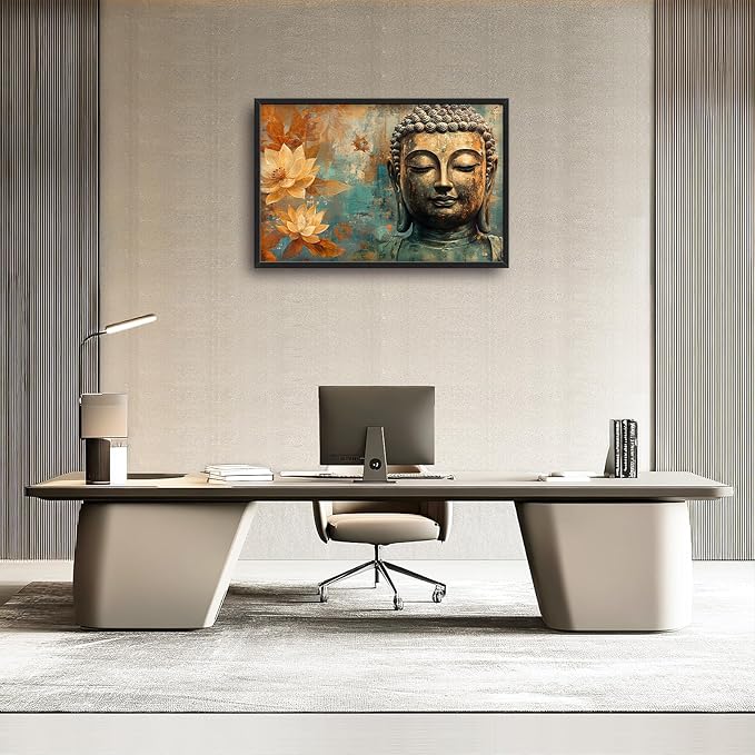 Framed Large Wall Art for Living Room, Golden Buddhist Canvas Wall Decor, Large Lotus Pictures Framed Painting, Zen Meditation Artwork for Bedroom Office Home Decor 36L'' × 24W''