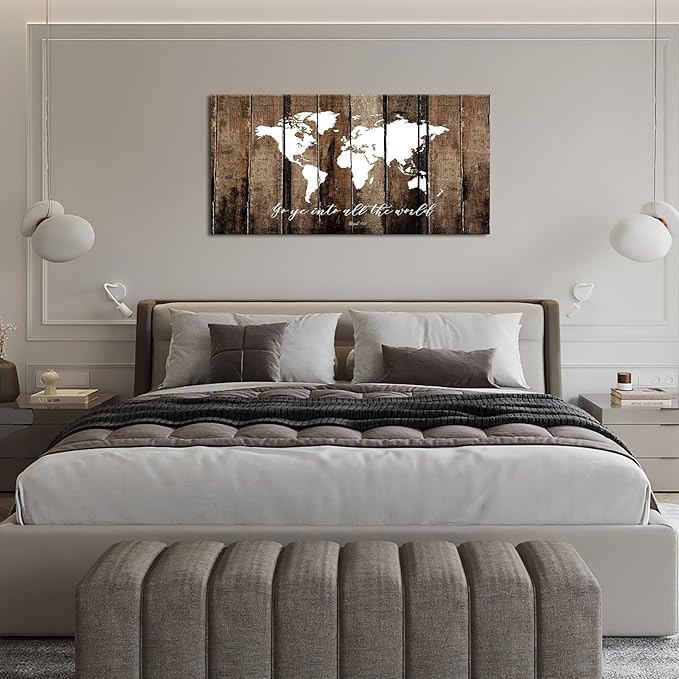 Large World Map Wall Art Rustic World Map Pictures Wall Decor Go Ye Into All The World And Preach The Gospel Canvas Painting Print Home Artwork Framed for Living Room Bathroom Master Bedroom 60"x30"