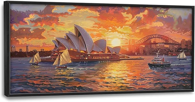 Sydney Opera House Large Wall Art for Living Room Framed, Sydney Wall Decor Pictures, Cityscape Canvas Print Painting, Aesthetic Artwork Bedroom Office Home Decor 60"x30"