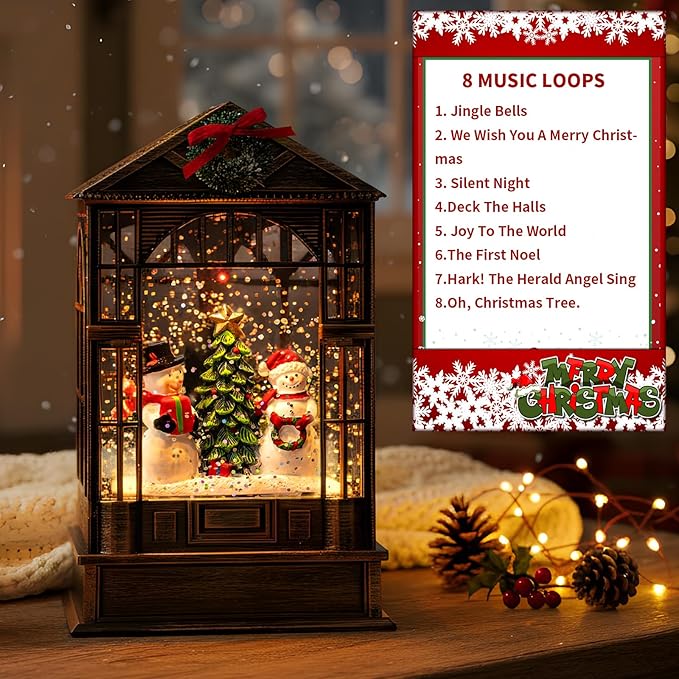 Christmas Snow Globe, Lighted Snowman Christmas Tree Scene, Musical Snow Water Lantern Swirling Glittering Holiday Decoration and Gift for Family Children or Friends