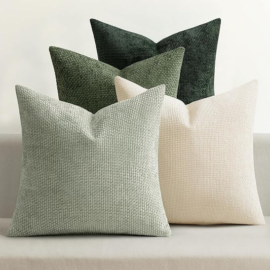 MIULEE Pack of 4 Couch Throw Pillow Covers 18x18 Inch Neutral Green Soft Decorative Chenille Pillow Covers Farmhouse Accent Cushion Covers for Boho Home Decor Spring Sofa Bedroom Living Room