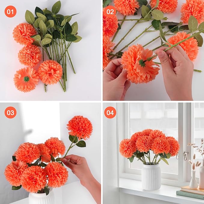 Hananona 12 Pcs Artificial Chrysanthemums Flowers Marigolds Ball Flower, Orange Fake Mums Silk Fall Flowers for Autumn Dia de Los Muertos Home Decor Day of The Dead Table Centerpiece (12, Orange)