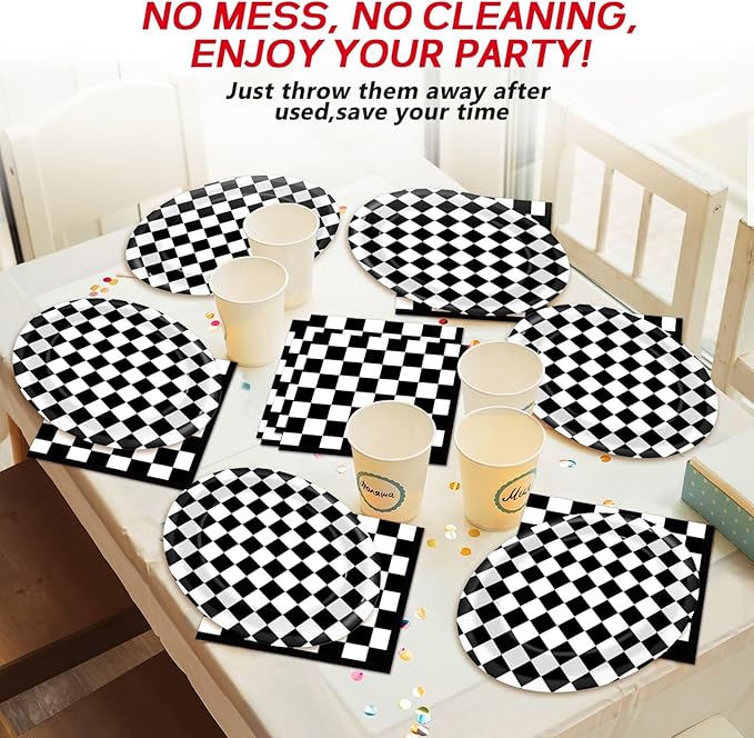 Racing Car Party Oval Paper Plates 11inch Black & White Checkered Flag Plates and Napkins, Dish Tray for Race Fans Birthday Party Supplies Dirt Bike Holiday BBQ Picnic Baby Shower Tableware, 25 Guest