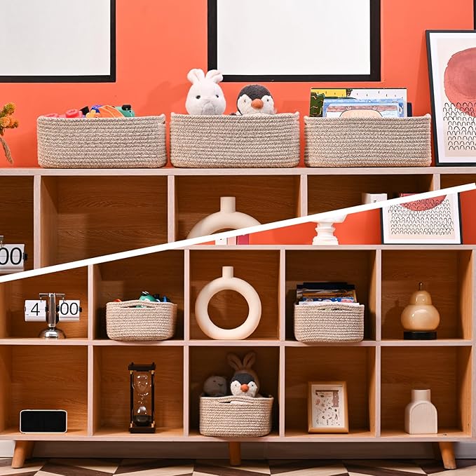 Small Baskets for Organizing, Woven Storage Baskets for Shelves, Small Rope Basket for Storage, Decorative Little Baskets for Gifts Empty, 13"×8.5"×5.1" (3 Packs) Brown