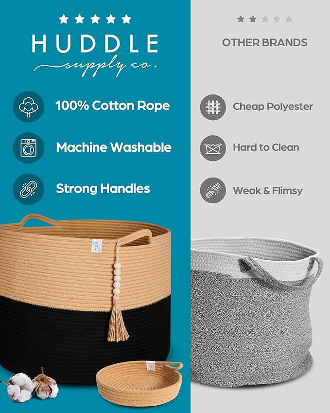 XXXXL WASHABLE Blanket Basket Living Room Boho 24" x 17" 2PCs Toy Baskets Woven Rope Basket for Blankets,Pillows,Throws,Laundry + Small Tray | Woven Storage Wicker (Black & Brown)