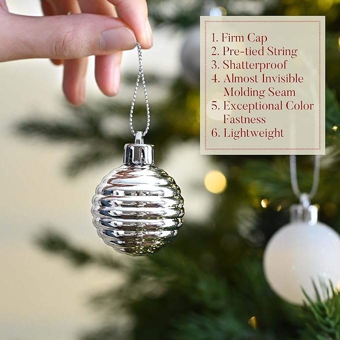 Valery Madelyn 1.57 Inches Small Christmas Tree Decorations Ornament Set for 4th of July Fall Halloween, 24ct White and Silver Shatterproof Hanging Ball Ornaments Holiday Party Decor