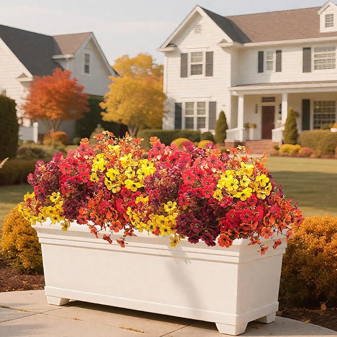 16 Bundles Artificial Fall Flowers Outdoor UV Resistant, Faux Greenery for Hanging Planters & Window Box - No Fade Thanksgiving Christmas Decor, Garden Porch Wedding (Mixed Colors)