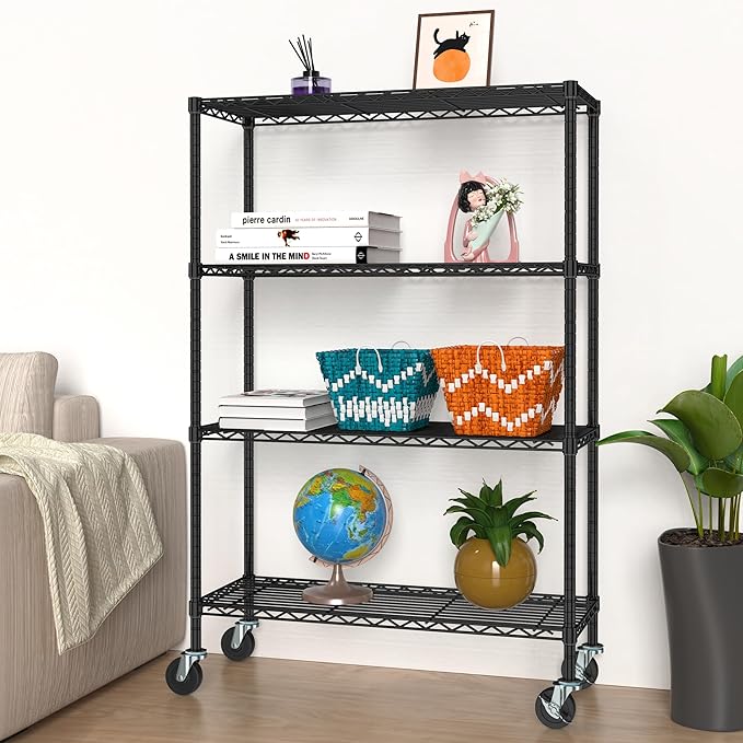 Wire Shelving on Wheels, 4-Tier Metal Rolling Storage Shelves Adjustable Steel Rack Organizer, Standing Wire Industrial Shelving for Kitchen Garage Pantry Office (4-Tier Shelf)