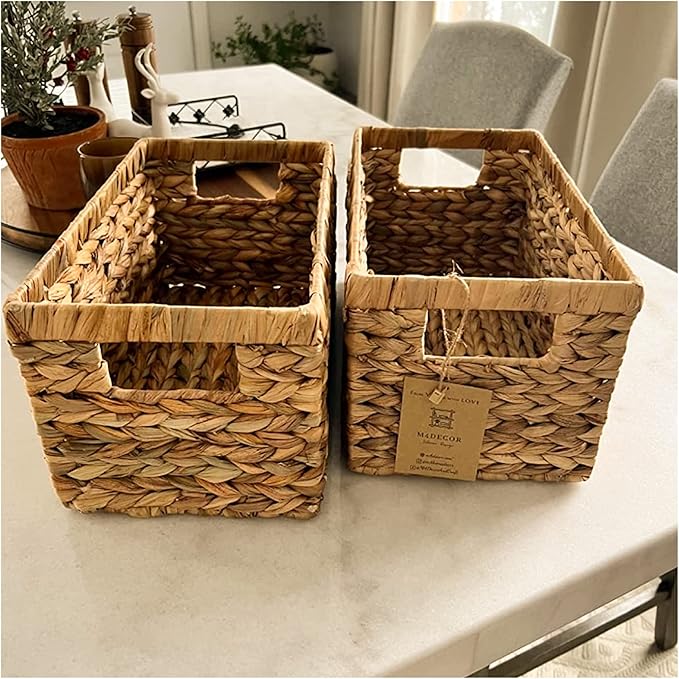 Set of 3 Wicker Storage Baskets for Shelves, Water Hyacinth Storage Baskets, Wicker Baskets for Storage, Kitchen Organizers and Storage Pantry (Set 3 SML)