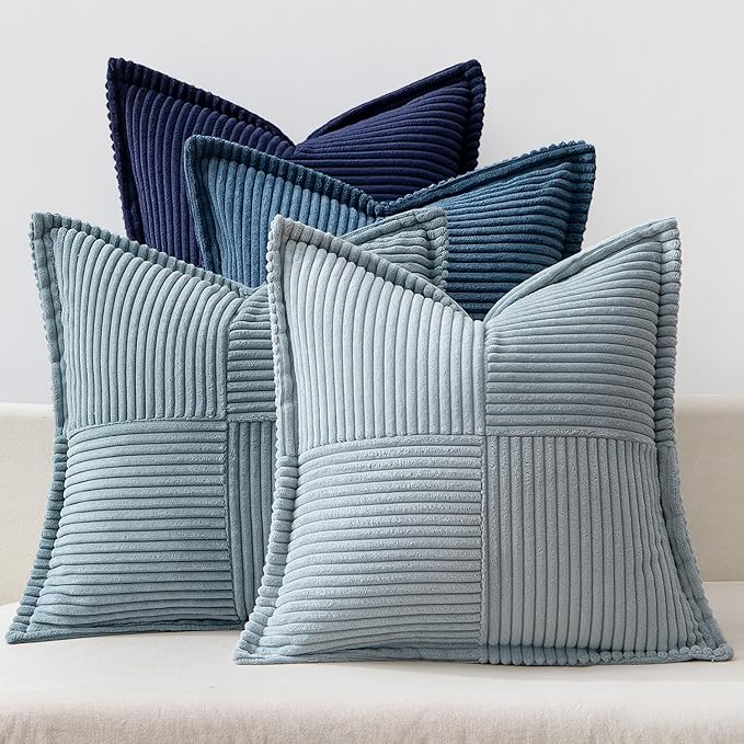MIULEE Dusty Blue Navy Throw Pillow Covers 20x20 Inch 4 Packs Soft Boho Decorative Gradient Series Pillow Cases Farmhouse Euro Cushion Covers for Couch Sofa Bed Corduroy Striped Home Decor