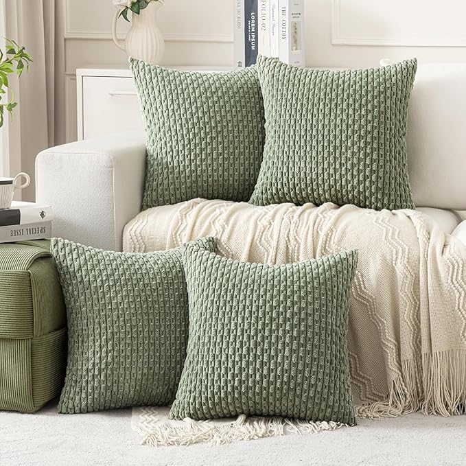 MIULEE Throw Pillow Covers Soft Couch Decorative Set of 4 Boho Striped Cushion Covers Corduroy Pillowcases Farmhouse Home Decor for Couch Bed Sofa Living Room 20x20 Inch Sage Green