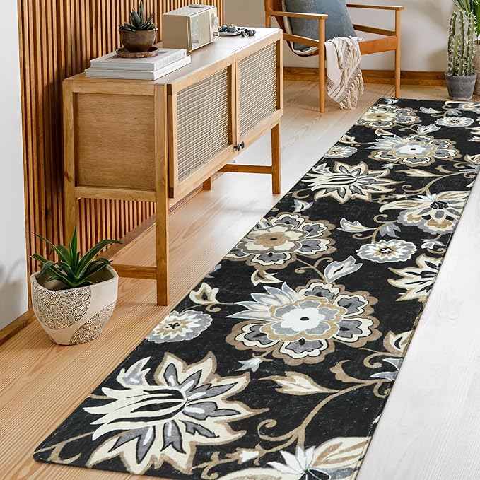 Lahome Floral Black Runner Rug - 2x8 Kitchen Runners Non Skid Washable 8 Ft Non-Slip Stain Resistant Long Runner Rugs for Hallway, Paisley Print Accent Ultra-Thin Runners for Bedroom Entryway Foyer
