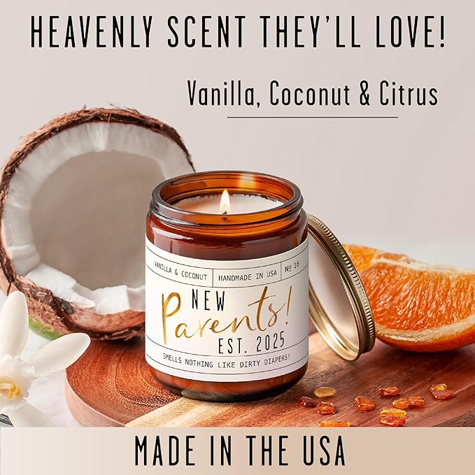 New Parents Gifts for Couples - 'New Parents Est 2025' Candle, w/Coconut, Vanilla I Mom and Dad Gifts for New Parents After Birth I First Time Parents Gift I Expecting Parents I 50 Hr Burn, USA Made