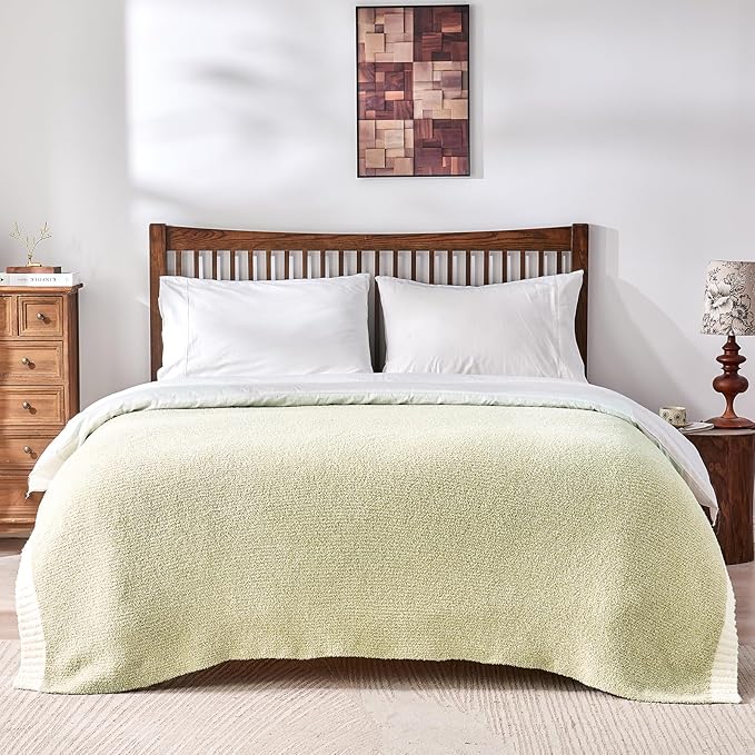 CozeCube Melange Blanket, Ultra Soft Sage Green and White Throw Blanket, Warm Cozy Knit Fuzzy Plush Reversible Throw for Couch Bed Sofa, 60"x80"