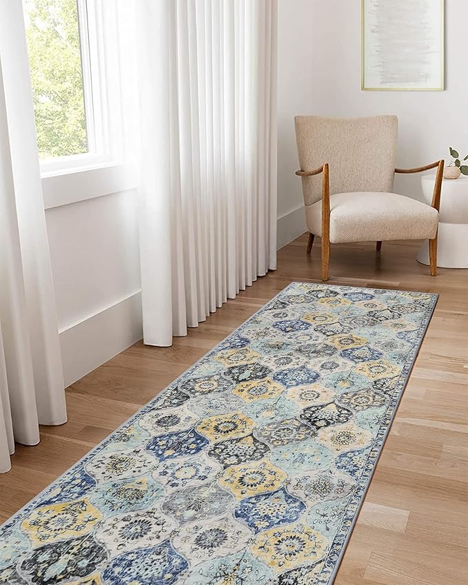 Lahome Moroccan Washable Hallway Runner Rug, 2'5''x8' Ultra-Thin Carpet Runners for Hallways Kitchen, Oriental Vintage Non-Slip Laundry Room Rug for Entryway Bedroom Bathroom, Yellow/Aqua