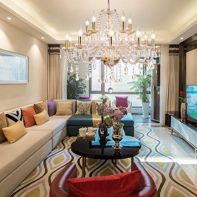 Panghuhu88 K9 Crystal Candle Chandeliers Lighting 15 Lights Pendant Ceiling Fixture Lamp for Dining Living Room Bedroom Hallway Entry Elegant Decoration (15 Bulbs)