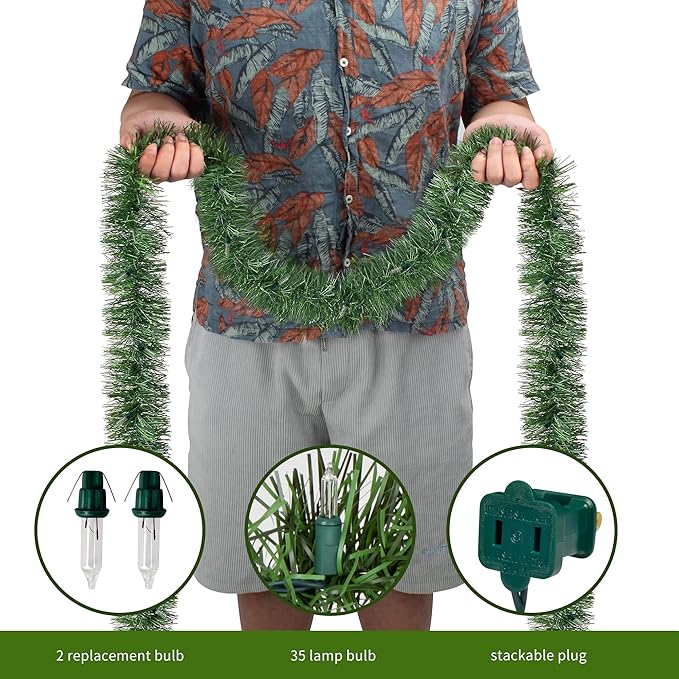 WATERGLIDE 49FT Lighted Christmas Green Garland with 100 Count Clear String Lights, Pre-lit Long Artificial Greenery Garlands, Plug in Holiday Decorative Lights for Indoor Outdoor Decor