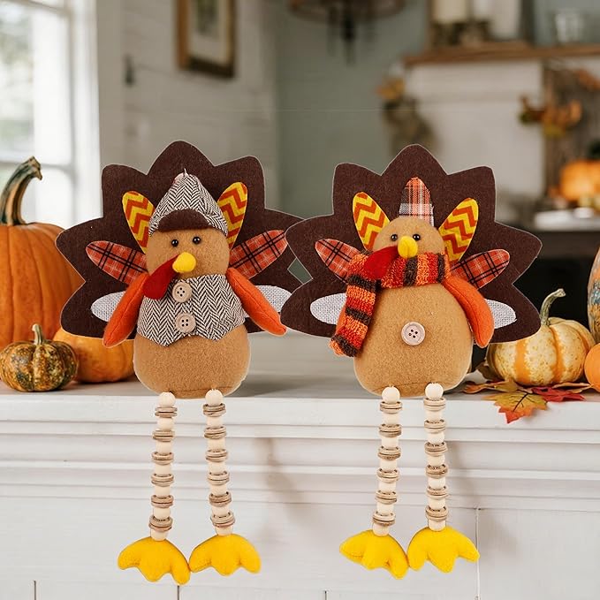 winemana Thanksgiving Decorations Set of 2 Turkeys with Dangling Legs, Mr and Mrs Turkey Couple Plush Tabletop Centerpieces for Fall Harvest Home Kitchen Shelf