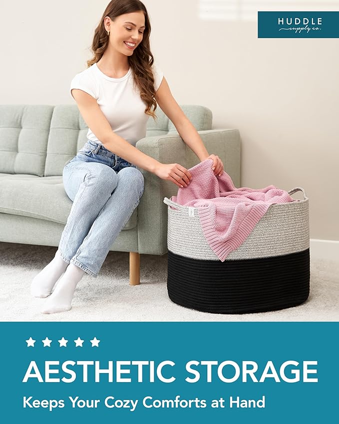 XXXXL WASHABLE 125L Extra Large Durable Soft Blanket Basket, Woven Decorative Cotton Rope Basket with Handles for Laundry, Living Room, Baby Toy Nursery Storage Organization Bin 24" x 17" (Black/Grey)