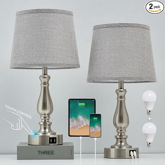 Table Lamps for Bedroom Set of 2,3 Way Dimmable Touch Bedside Lamps with Dual USB A+C Ports - Nightstand Lamp for End Table Modern Night Stand Lamps for Living Room Guest Room