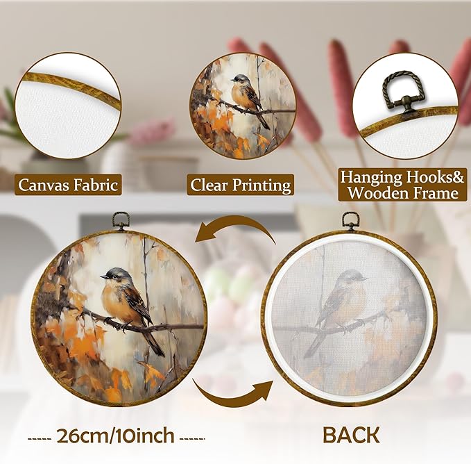 Mcehtle Vintage Fall Bird Wall Art Decor, Rustic Autumn Bird on Branch Framed Canvas Prints 10x10, Retro Thanksgiving Farmhouse Round Wall Hanging Artwork Decorations for Home Bedroom Gallery