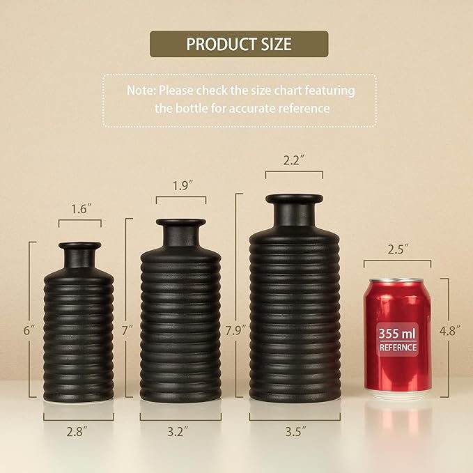Black Ceramic Vases for Home Decor, Modern Farmhouse Frosted Semi Matte Textured Decorative Vase Set, Unique Vase for Entryway, Coffee Table, Shelf, Small Pampas Grass and Flowers