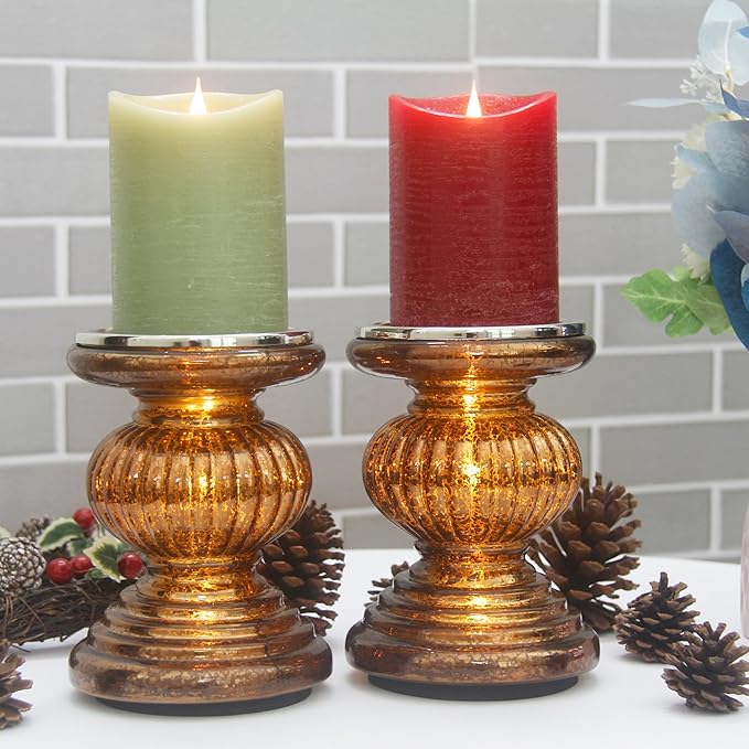 Mercury Glass Pillar Candle Pedestal Holders with Lights Set of 2,Candle Holder for Pillar Candle,Candlestick Holders,Perfect Decoration for Wedding Home Dining Table Xmas(Chocolate)