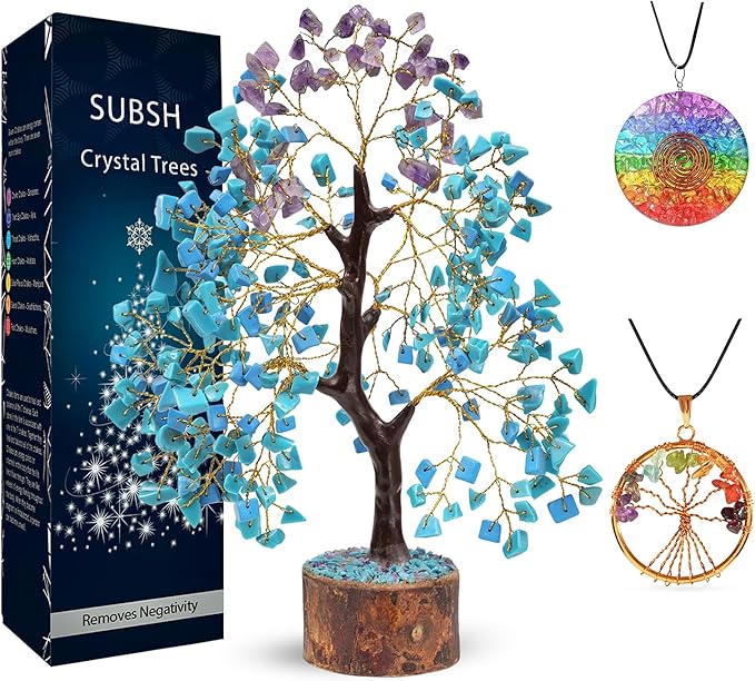 Turquoise & Amethyst Gemstone Tree with 2 Chakra Pendants, Crystal Tree, Birthday Gifts for Women, Fake Plants Home Decor, Crystals and Healing Stones, Office Desk Accessories, Room Decor 10-12"
