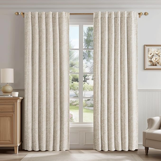 Beauoop Beige Floral Jacquard Blackout Curtains 84 Inches Long 2 Panels for Bedroom Living Room Chenille Flower Room Darkening Thermal Insulated Soundproof Rod Pocket Back Tab Window Drapes, 52x84