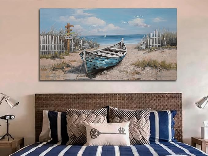 Ardemy Blue Coastal Canvas Wall Art for Living Room Textured Beach Painting Turquoise Teal Bedroom Picture Modern Boat Artwork Framed Home Office Kitchen Wall Decor, Extra Large 58"x29"