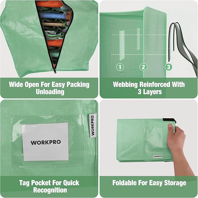 WORKPRO 6 Pack Extra Large Moving Bags with Zippers & Carrying Handles Backpack Straps, Heavy-Duty Storage Tote for Space Saving & Storage, Alternative to Moving Box (Green)
