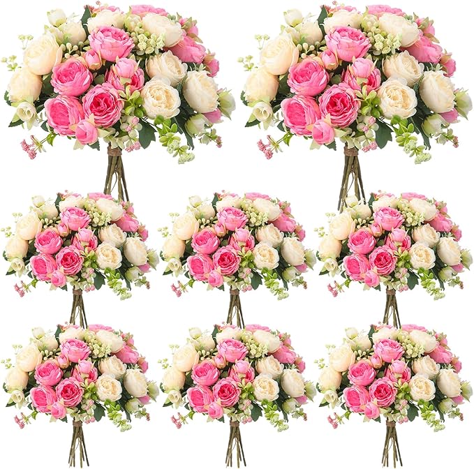 Geosar 8 Bundles Artificial Peonies Flowers Fake Silk Peony Bouquet Faux Peonies Flowers Bulk for Decoration Vase Florals Arrangements Wedding Party Table (Pink,Champagne)