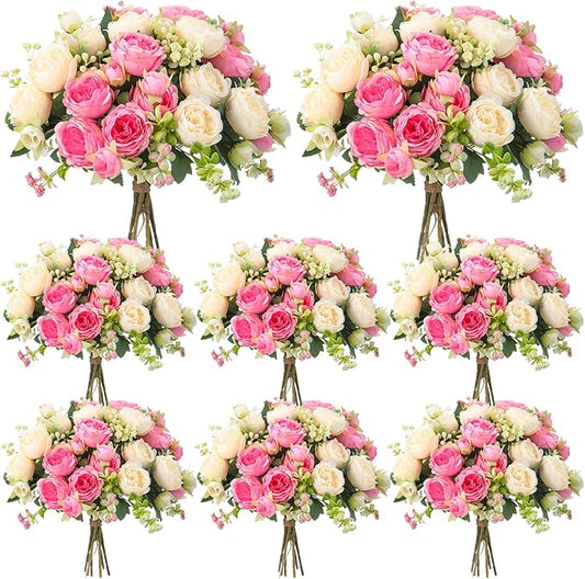 Geosar 8 Bundles Artificial Peonies Flowers Fake Silk Peony Bouquet Faux Peonies Flowers Bulk for Decoration Vase Florals Arrangements Wedding Party Table (Pink,Champagne)