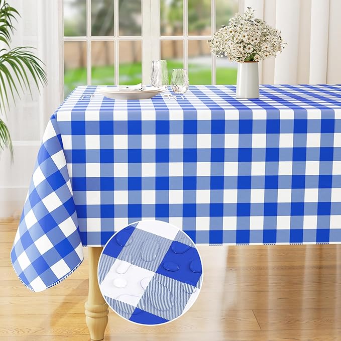 misaya Rectangle Waterproof Vinyl Table Cloth, Buffalo Flannel Backed Tablecloth, Wipeable Plastic Table Cover for Seaside, Picnic, Outdoor (54" x 120", White and Blue)
