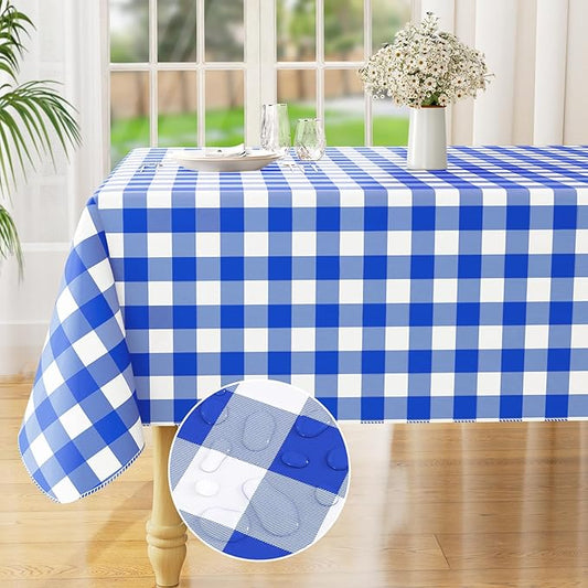 misaya Square Waterproof Vinyl Table Cloth, Buffalo Flannel Backed Tablecloth, Wipeable Plastic Table Cover for Seaside, Picnic, Outdoor (54" x 54", White and Blue)