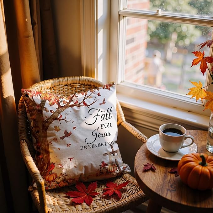 Fall for Jesus He Never Leaves Christian Throw Pillow Covers 18x18, Autumn Pumpkin Leaf Pillow Case Decor for Bedroom Home, Fall Christian Religious Gifts for Women