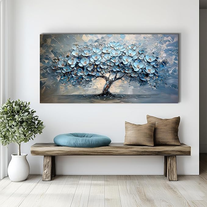 crmotu Tree of Life Large Wall Art for Living Room, Blue Floral Tree Abstract Canvas Prints Aesthetic Pictures, Modern Neutral Wall Decor for Bedroom Bathroom Office, Nature Botanical Decor 30"X60"