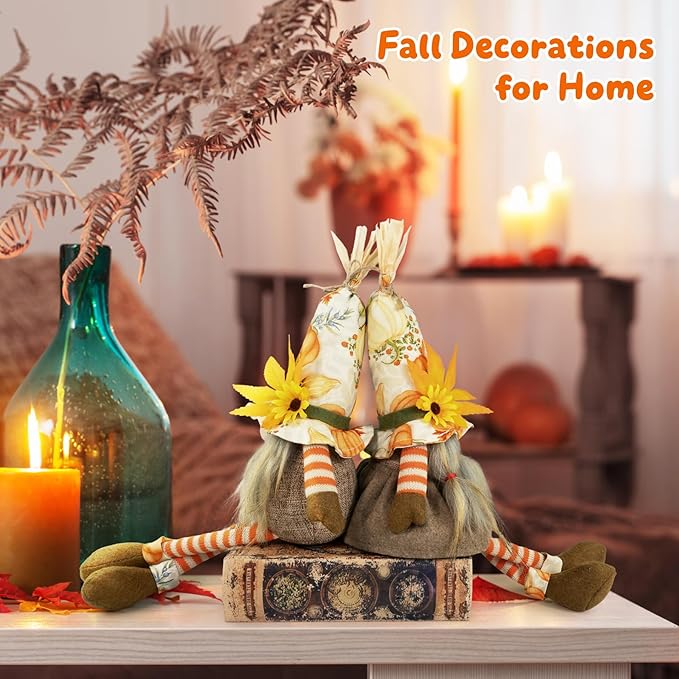 Thanksgiving Decorations – 2PCS Fall Gnomes Plush Shelf Sitters with Dangling Legs, Harvest Gnome Couple for Table Decor, Tiered Tray, Farmhouse Gnomes Gifts for Women