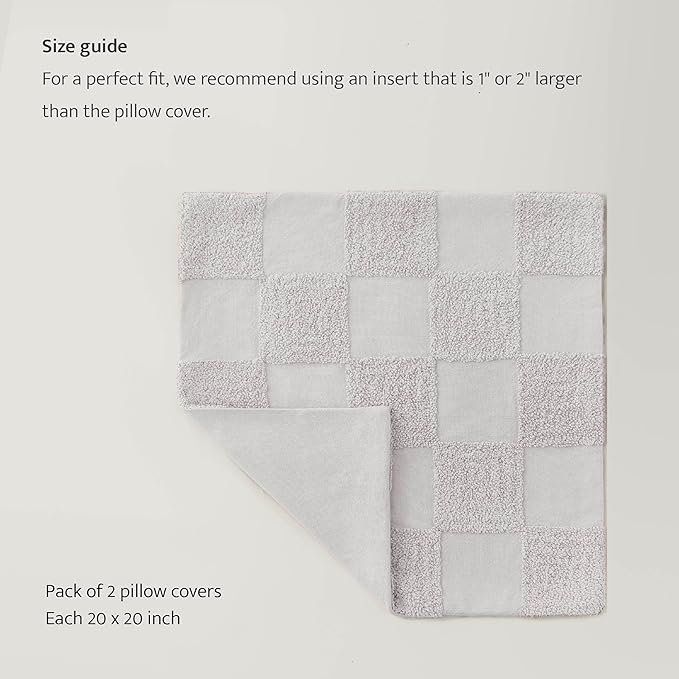 Double Stitch Checkered Throw Pillow Covers - 100% Cotton Set of 2 Tufted Boho Decorative Pillow Covers 20x20, Made in India, Square Cushion Case, Modern Home Decor for Couch, Sofa, Winter Sky