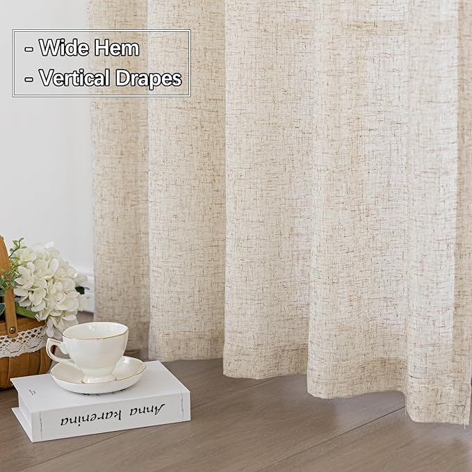 Burlap Linen Semi Sheer Curtains 102 Inch Long, Neutral Flax Light Filtering Drapes, Beige Retro Window Treatments, Rustic Farmhouse Floor to Ceiling Pinch Pleat Curtain with Hooks