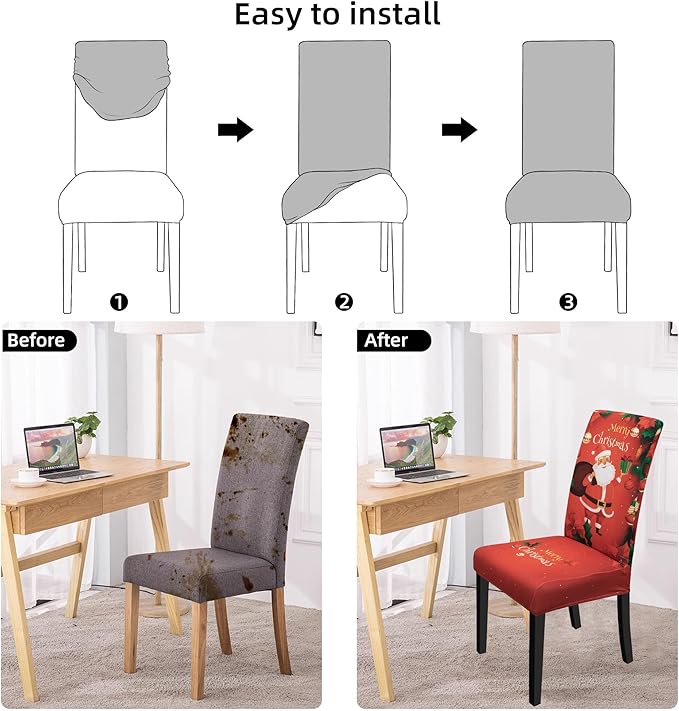 Christmas Chair Covers for Dining Chairs, Dining Room Chair Covers Set of 6, Stretch Parsons Chair Slipcovers, Removable Washable kitchen Chair Cover for Home Hotel Banquet Holiday Decoration
