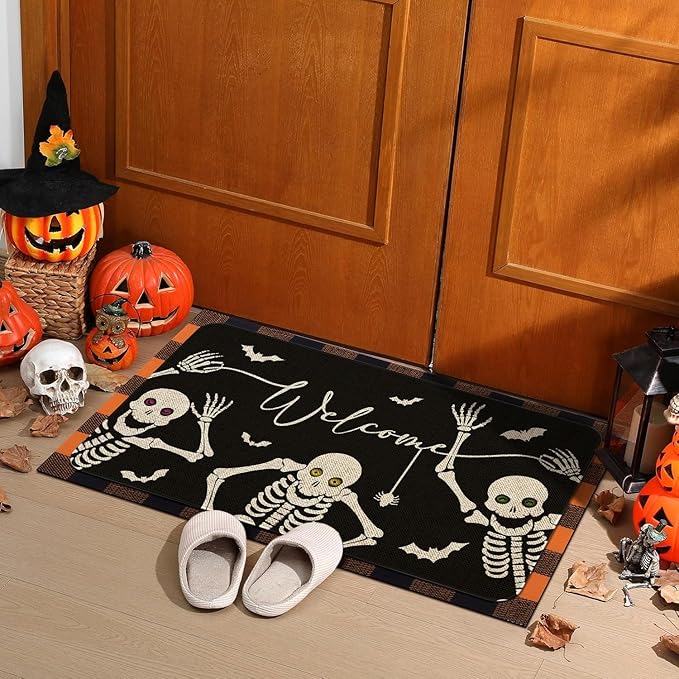 Halloween Skeleton Welcome Doormat 30x17 Inch Spooky Skull Front Door Mat Indoor Outdoor Entrance Floor Mats Non-Slip Washable Seasonal Halloween Home Decor Rugs