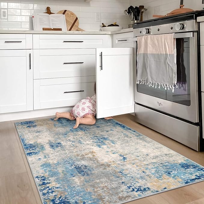 Lahome Modern Abstract Area Rug 3x5, Washable Bedroom Rug Soft Throw Entry Mat Contemporary Faux Wool Non-Slip Stain Resistant Carpet for Living Room Kitchen Bath Office, Blue/Yellow/Ivory