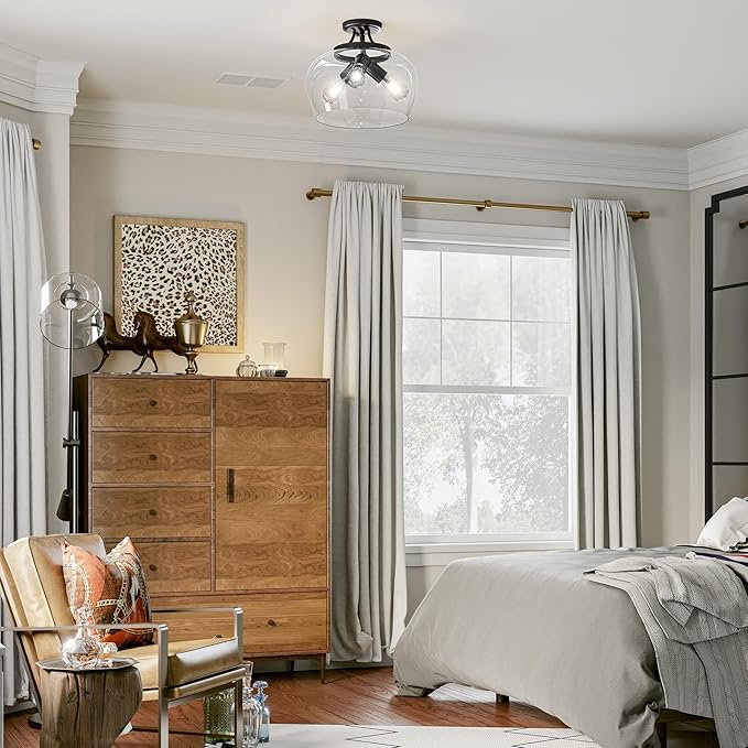 VONLUCE Semi Flush Mount Ceiling Light, 13.8" Ceiling Light Fixture with Clear Glass Shade, E26 Base, 3-Bulb Industrial Lighting Fixture for Dining Room Hallway Entryway Bedroom, Matte Black