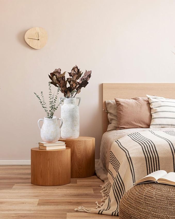 Beige Ceramic Vase Set of 3, Handmade Rustic Farmhouse Vases with Handles, Glazed Interior, Aged Eroded Texture Finish, Boho Home Decor for Table, Shelf, Mantel, Flower Arrangement