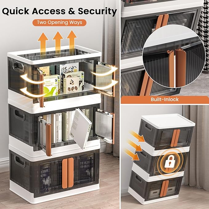 8.4Gal Collapsible Storage Bins with Lids & Wheels - 2 Pack Stackable with Doors, Heavy-Duty Plastic Containers for Home/Office, White