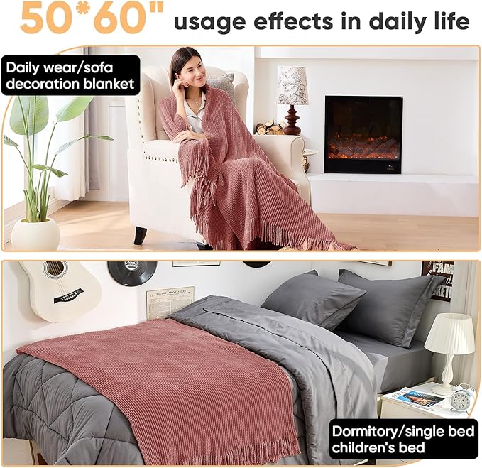 inhand Knitted Coral Pink Throw Blanket for Couch Bed,Chunky Chenille Woven Soft Warm Christmas Blankets Gifts for Women with Tassels, Cozy Boho Farmhouse Fall Winter Decor,50"x60",Medium Thick