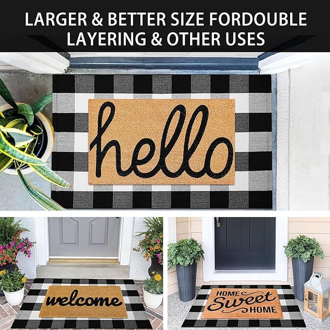 KOZYFLY Buffalo Plaid Area Rugs 27.5x43 Inches Black and White Checkered Rug Washable Front Door Mat Hand Woven Cotton Outdoor Rug Small Rug for Front Porch Kitchen Entryway Patio Bathroom