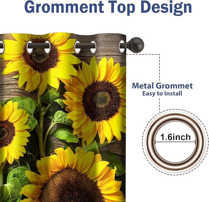Jekeno Sunflower Floral Blackout Curtains Spring Flower on Rustic Wood Country Wooden Decor for Home Bedroom Living Room Darkening Grommet Window Drapes 2 Panel Set, 52"x84"