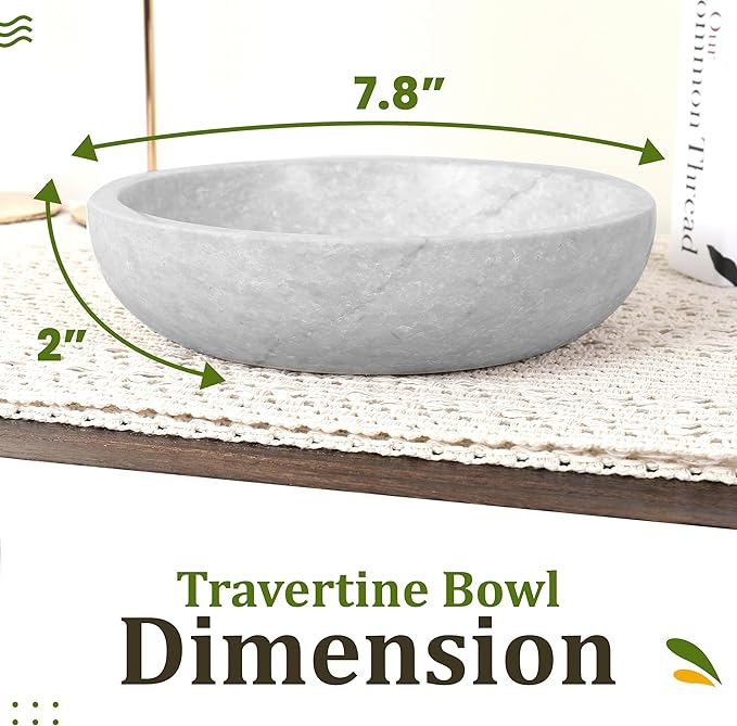 Travertine Decorative Bowl - 7.8” Diameter & 2” Height - Key Bowl for Entryway Table - Organic Modern Centerpiece - White/Gray